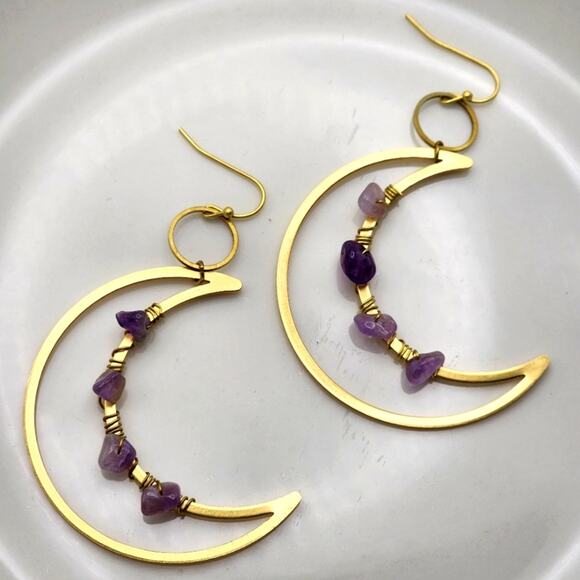 Genuine Amethyst Crescent Moon Earrings - Picture 2 of 8